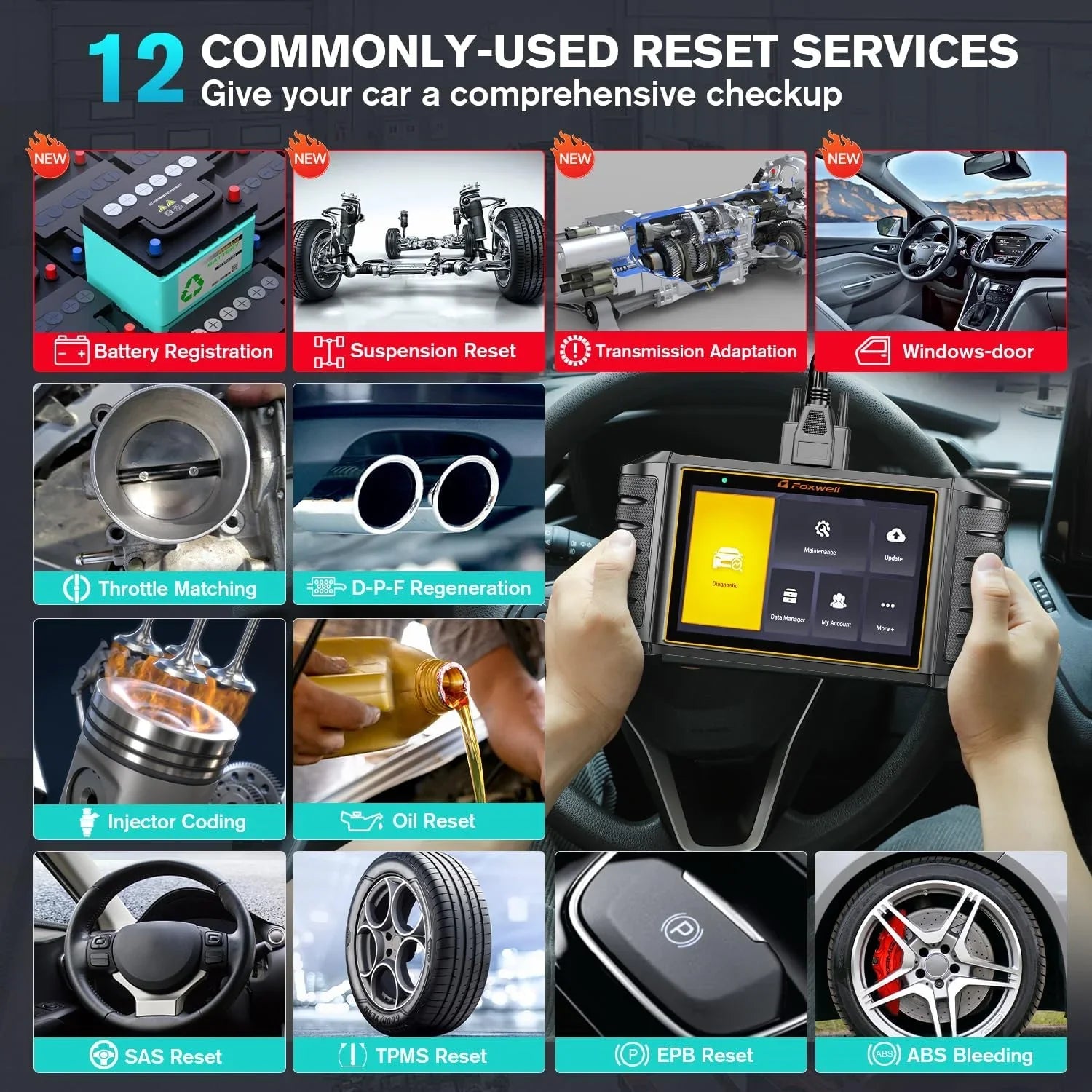 Foxwell   Scanner All Systems Diagnostic Tool  Bleeding  Calibration Oil  Throttle Reset 12 Maintainence Services Car Code Reader Free Update with a 5.5inch Touchscreen