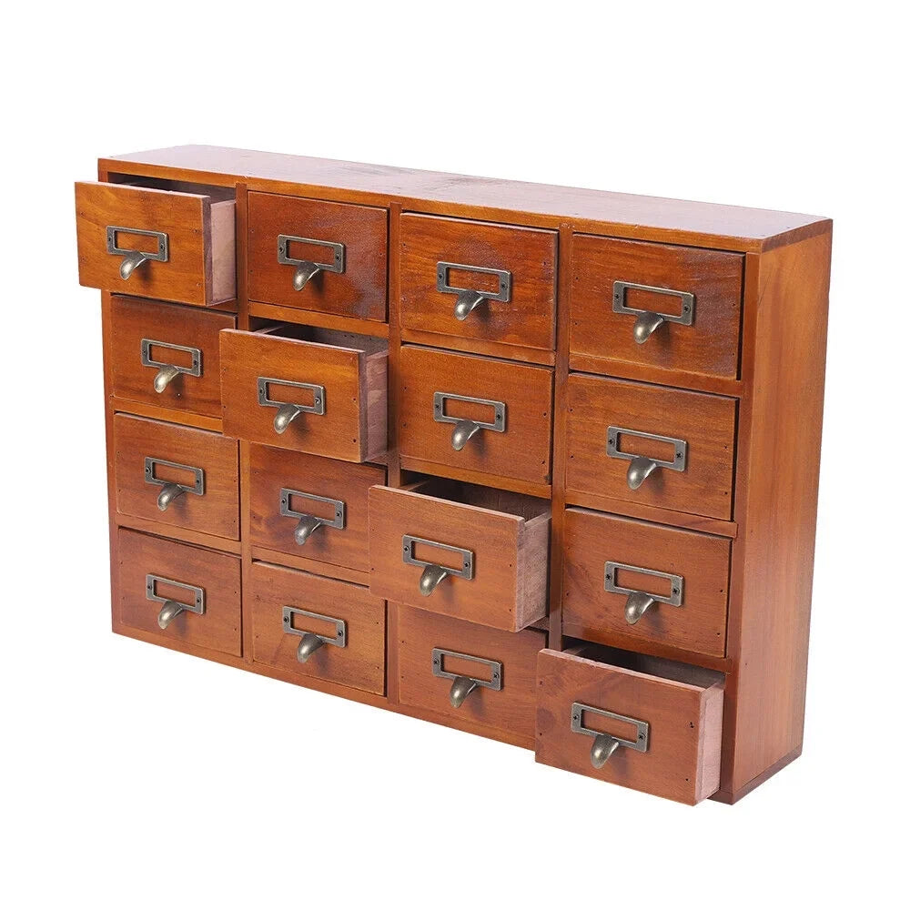 16 Drawers Vintage Wood Apothecary Medicine Cabinet Label Holder Card Catalog