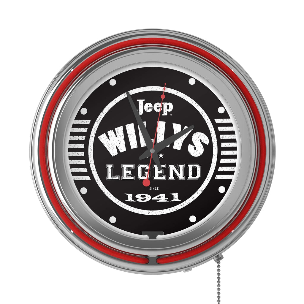 Neon Wall Clock-Jeep Willys Legend Black Double Rung Analog Clock with Pull Chain-Pub, Garage, or Man Cave Accessories (Red)