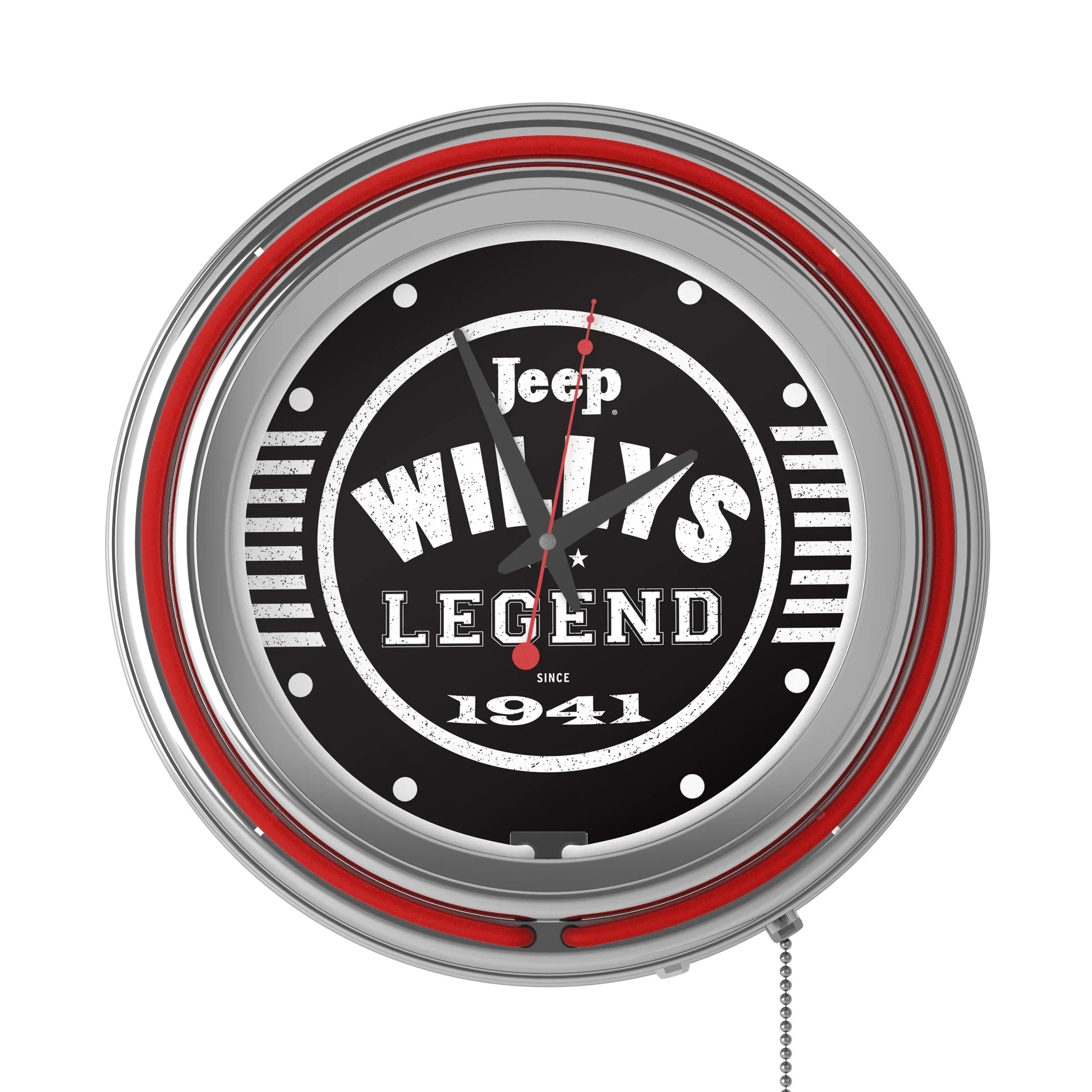Neon Wall Clock-Jeep Willys Legend Black Double Rung Analog Clock with Pull Chain-Pub, Garage, or Man Cave Accessories (Red)