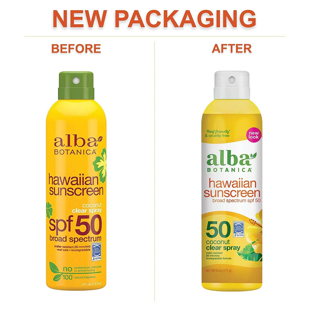 Alba Botanica Hawaiian Sunscreen Clear Spray,  50, Nourishing Coconut, Clear, 8 Fl Oz (4pack).