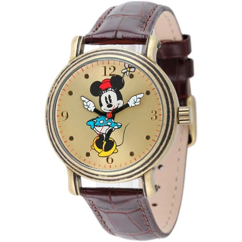 Minnie Mouse Women's Antique Gold Vintage Articulating Alloy Case Watch, Brown Leather Strap