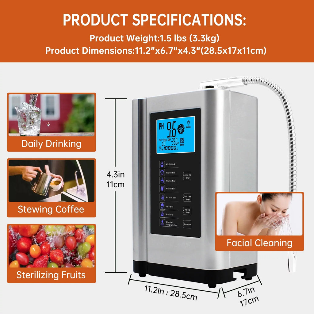 Alka Water Ionizer, Water Purifier Machine  3.5-10.5 Alkaline Acid Water Machine,Up to -500mV , 8000 Liters Per Filter,7 Water Settings,Auto-Cleaning,Intelligent Voice(Silver)