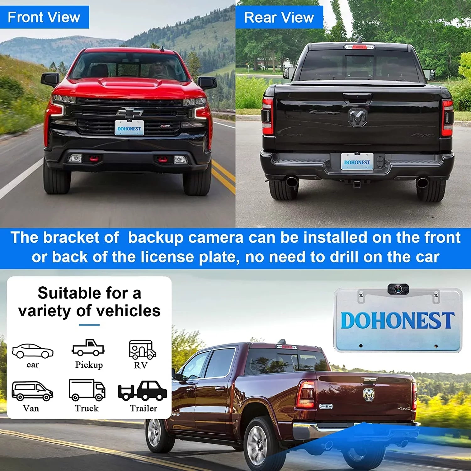 DoHonest Wireless Backup Camera 7-Inch: Plug and Play Easy to Install Truck Car Monitor Kit  1080P Bluetooth Reverse Cam for Pickup Camper Van Stable Signal 2 Channel Night vision Auto-Switching