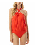 Women's Orange Stretch Blouson  Lined Full Coverage Tie Halter One Piece Swimsuit 16
