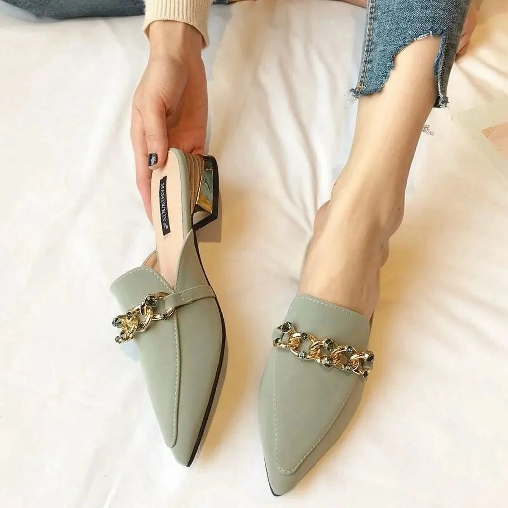 Luxury Slides Square Toe Ladies Shoes Summer Fashion Footwear Square Low Heels Shoe Slides Slippers Women 2023 Chain Mules black 37