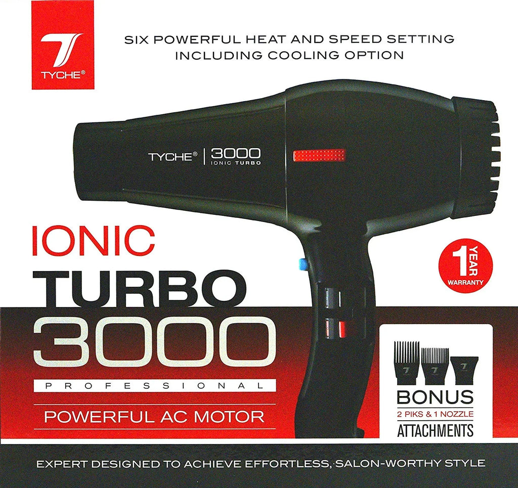 Tyche Turbo 3000 Black Professional Ionic Ceramic Tech Hair Dryer (1 Year Warranty) Dries Hair Fast Negative Ions, Infrared Hair Shine Electromagnetic  Radiation Heat & Air Distribution Power