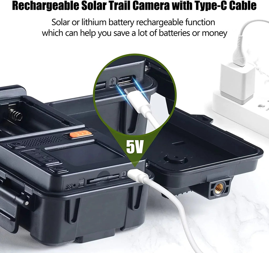 Solar Trail Camera 24MP 1080P Game Camera with 2500mAh Built-in Lithium Battery Rechargeable Night Vision Waterproof  Motion Activated 0.1s Trigger Speed 120°Wide Angle Hunting Cam