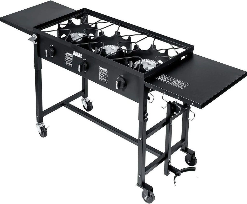Portable Propane 87,000- Triple-Burner Outdoor Camp Stove Side Table Patio Cooking Wheel /Regulator 4 Hook Utensil Holder
