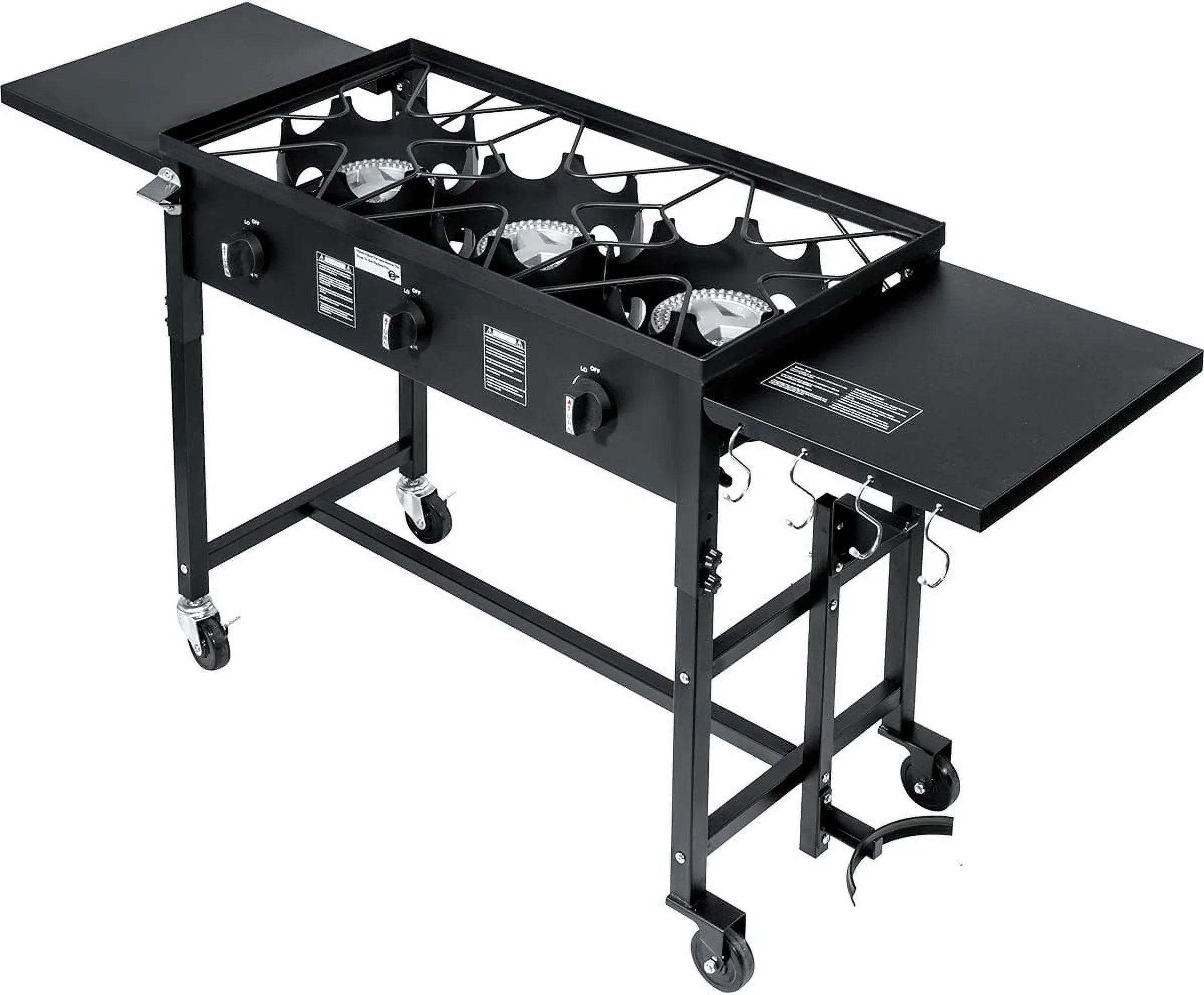 Portable Propane 87,000- Triple-Burner Outdoor Camp Stove Side Table Patio Cooking Wheel /Regulator 4 Hook Utensil Holder