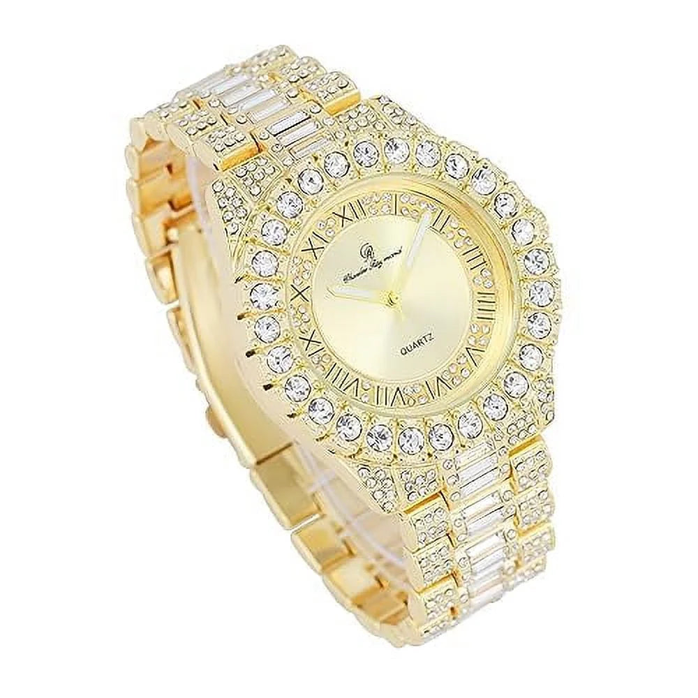 Big Rocks Fully Iced Out Diamond Mens Watch w/Easy Read Date & Day - Designer Hip Hop Blinged Out Timepiece -  (- Gold -)