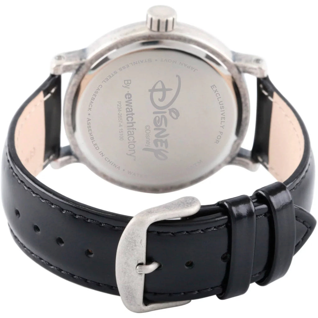 Mickey Mouse Men's Antique Silver Vintage Alloy Watch, Black Leather Strap