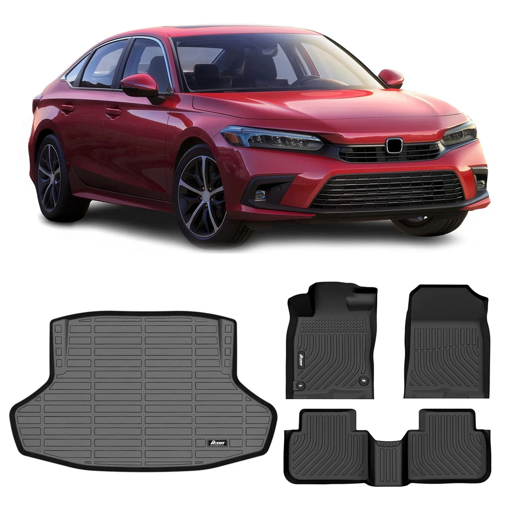 Ikon Motorsports 3D  Floor Mats + Trunk Mat, Compatible with 2022-2024 Honda Civic Black All Weather Waterproof Anti-Slip Floor Liners Front & 2nd Row Full Set Interior Storage Cover Accessories