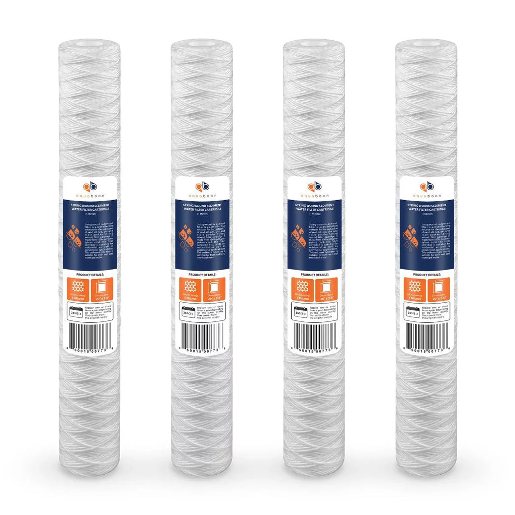 Aquaboon 1 Micron 20" x 2.5" String Wound Sediment Water Filter Cartridge | Universal Replacement for Any 20 inch  Unit | Compatible with 101-230, -5-20, -2C, -20, -, 4-Pack