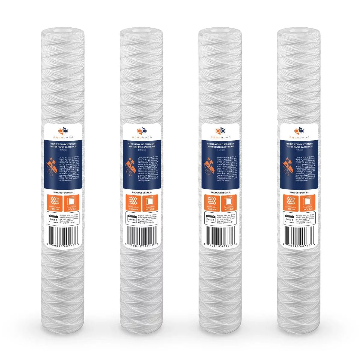 Aquaboon 1 Micron 20" x 2.5" String Wound Sediment Water Filter Cartridge | Universal Replacement for Any 20 inch  Unit | Compatible with 101-230, -5-20, -2C, -20, -, 4-Pack
