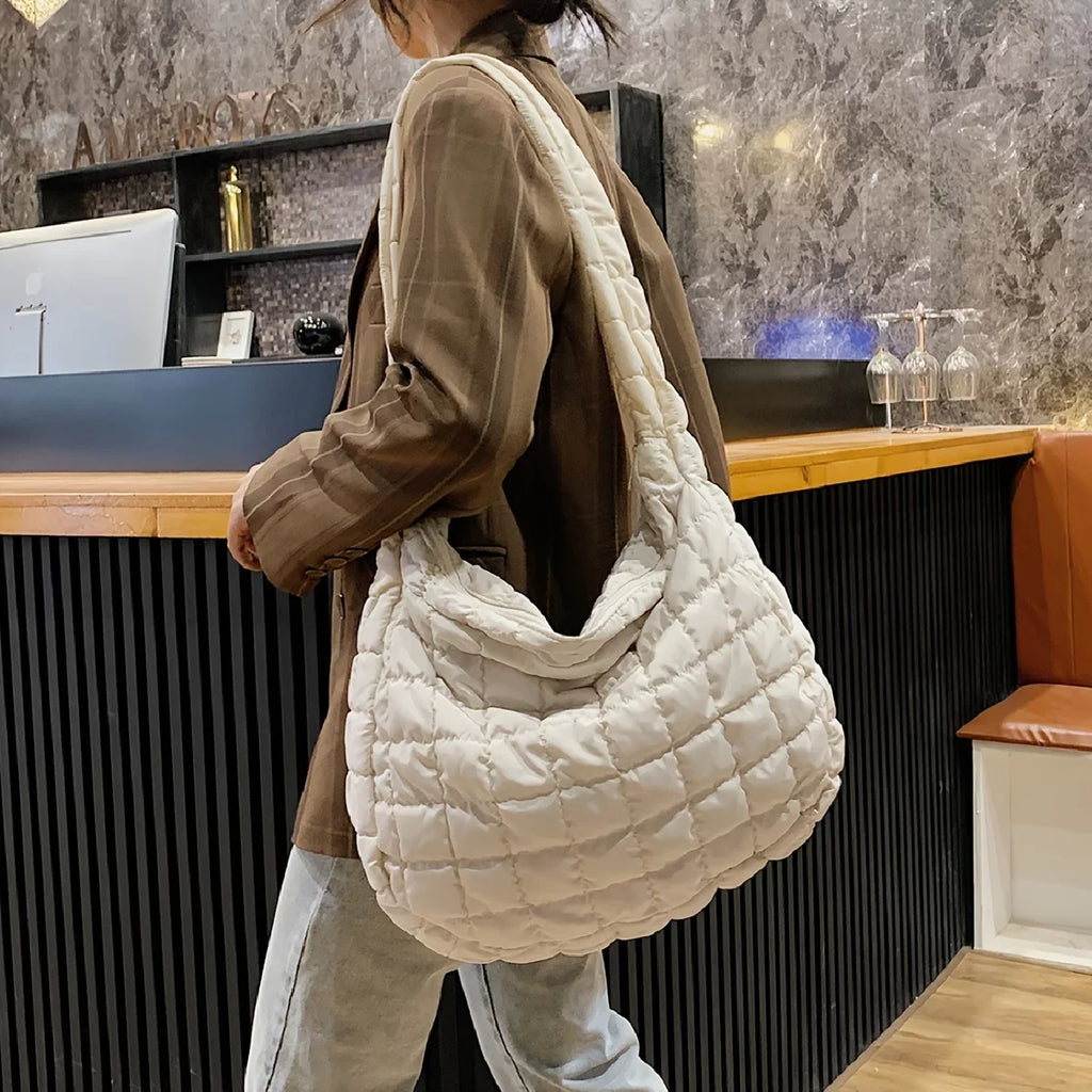 Junior Quilted Tote, Padded Argyle Quilted Crossbody Hobo Bag, Cotton Filled Large Capacity Shoulder Tote Bag For Work