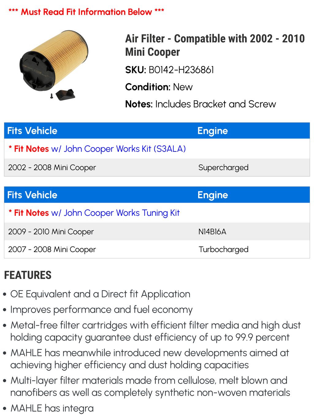 Air Filter - Compatible with 2002 - 2010 Mini Cooper 2003 2004 2005 2006 2007 2008 2009
