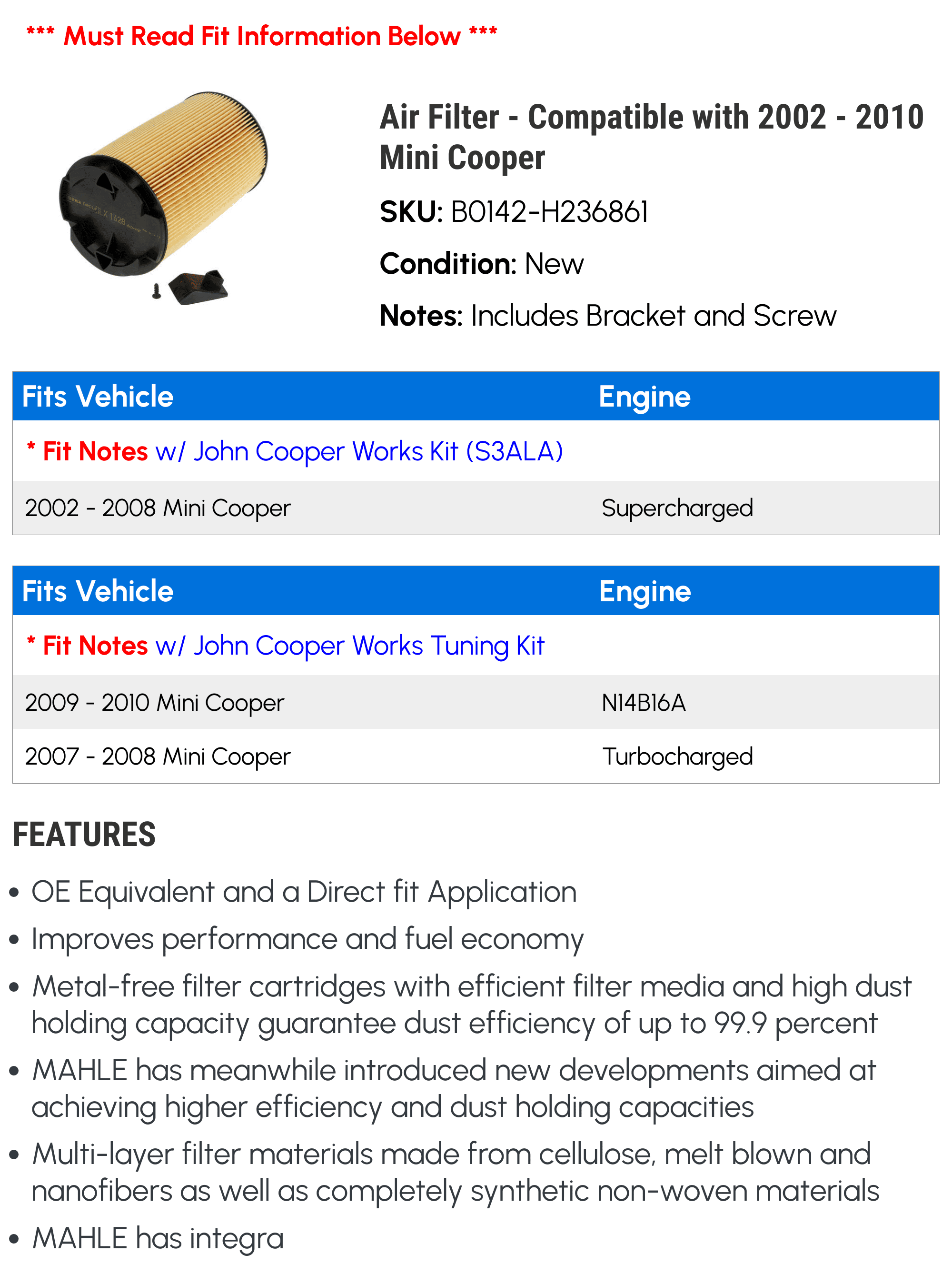 Air Filter - Compatible with 2002 - 2010 Mini Cooper 2003 2004 2005 2006 2007 2008 2009