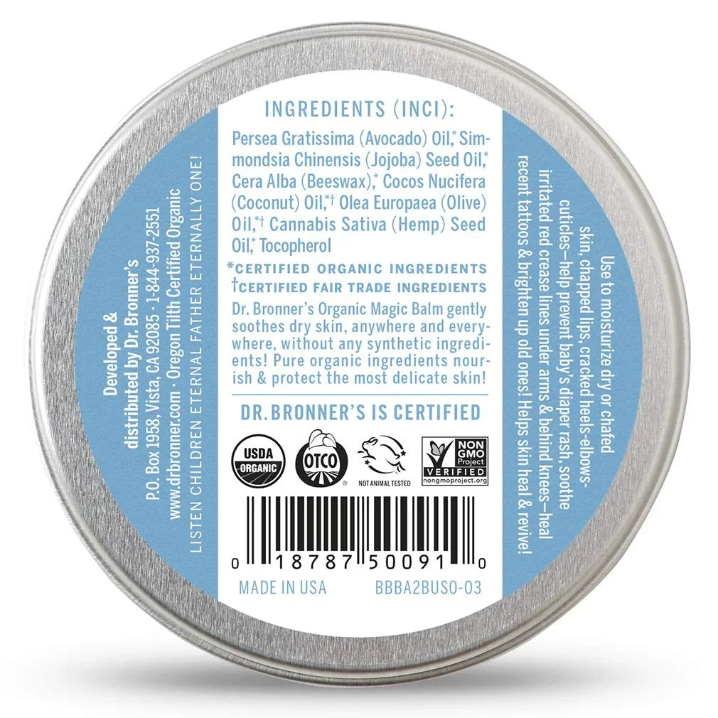 Dr. Bronner's - Organic Magic Balm (Baby Unscented, 2 Ounce, 2 Pack) Made with Organic Beeswax and Hemp Oil, Moisturizes and Soothes Hands, Face and Body, Relieves Dry Skin, Helps Prevent Diaper Rash