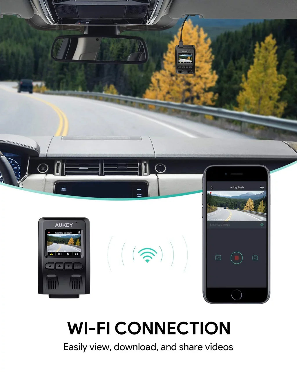Wifi Dash Cam, 1080P  Dash Camera for Cars, 6-Lane 170-Degree Wide Angle Lens Car Camera, Black-