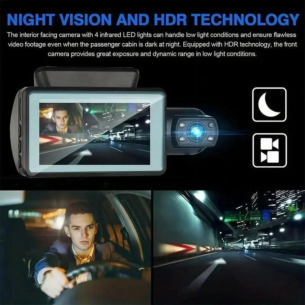 1080P  Dash Cam Front And Rear And Interior 3 Cameras With  Dual Lens Car  Night DashCam Vehicle Camera Auto
