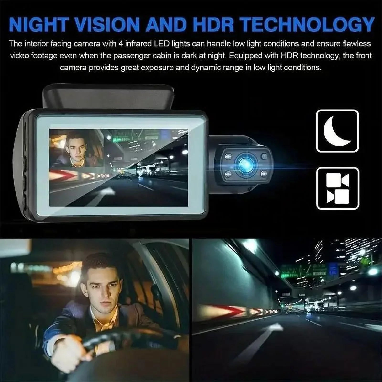 1080P  Dash Cam Front And Rear And Interior 3 Cameras With  Dual Lens Car  Night DashCam Vehicle Camera Auto