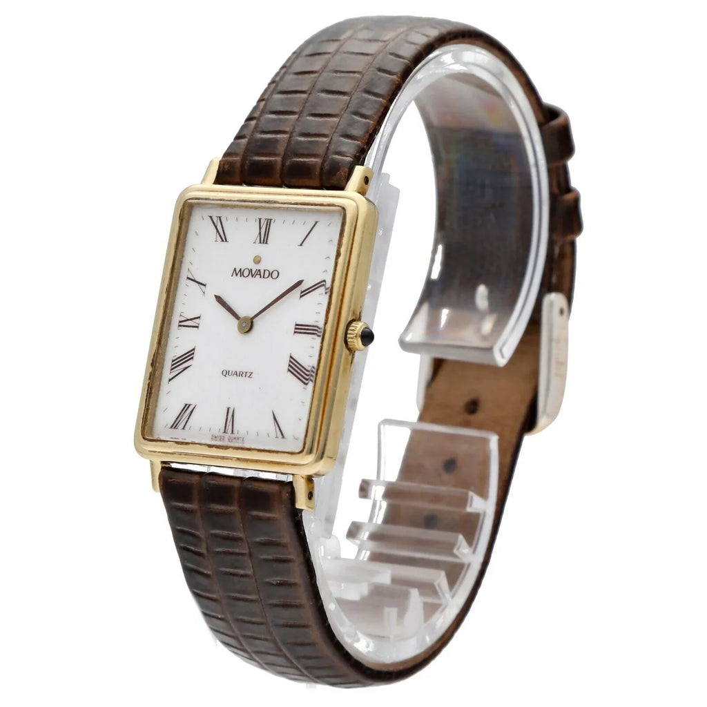 Movado 7041485 14k Yellow Gold White Roman Dial Tank Quartz Wrist Watch