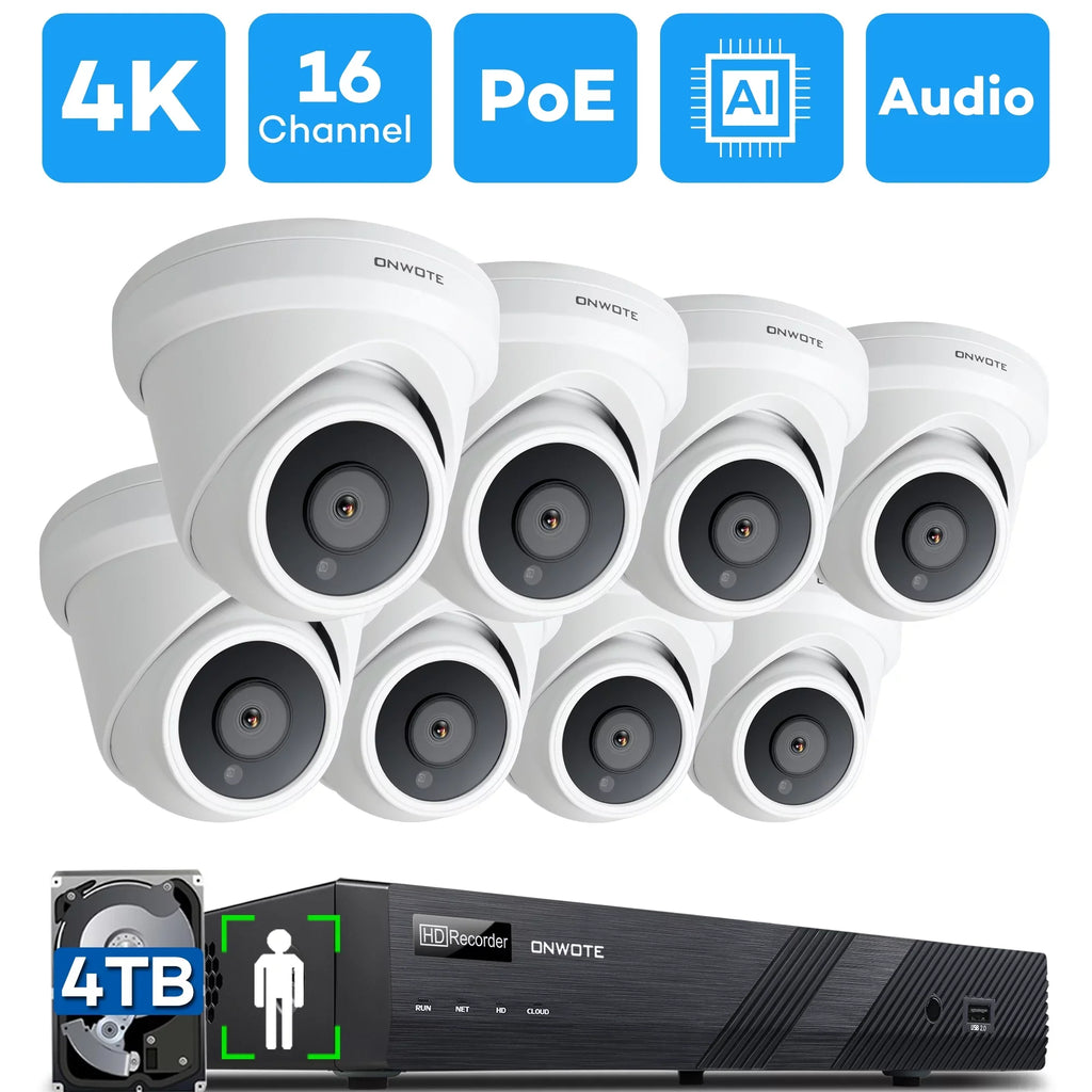 16 Channel 4K 8MP PoE Security Camera System, -Human-Detection, 16CH 8MP  with 4TB  for 24/7 Recording, 8pcs Commercial 4K PoE  Cameras Wired with Audio, 2-Storage-Bay