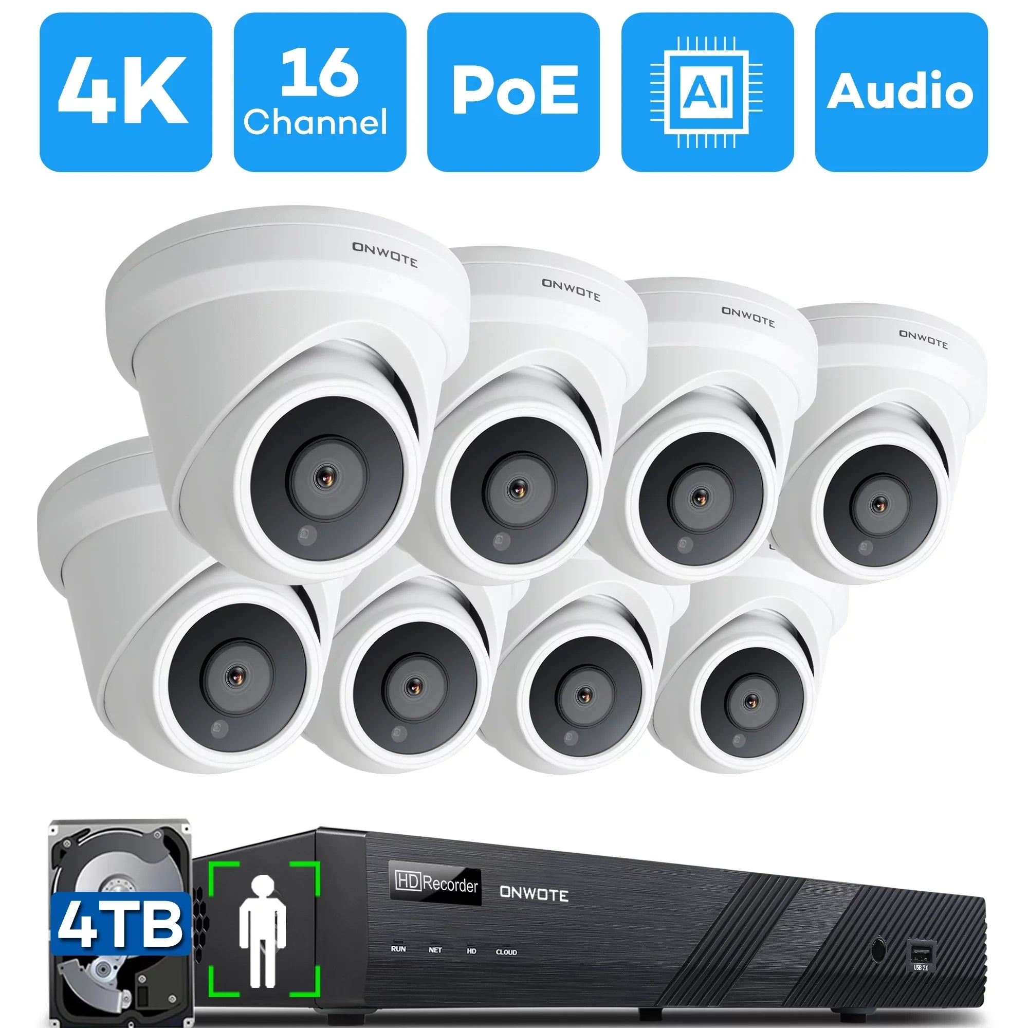 16 Channel 4K 8MP PoE Security Camera System, -Human-Detection, 16CH 8MP  with 4TB  for 24/7 Recording, 8pcs Commercial 4K PoE  Cameras Wired with Audio, 2-Storage-Bay