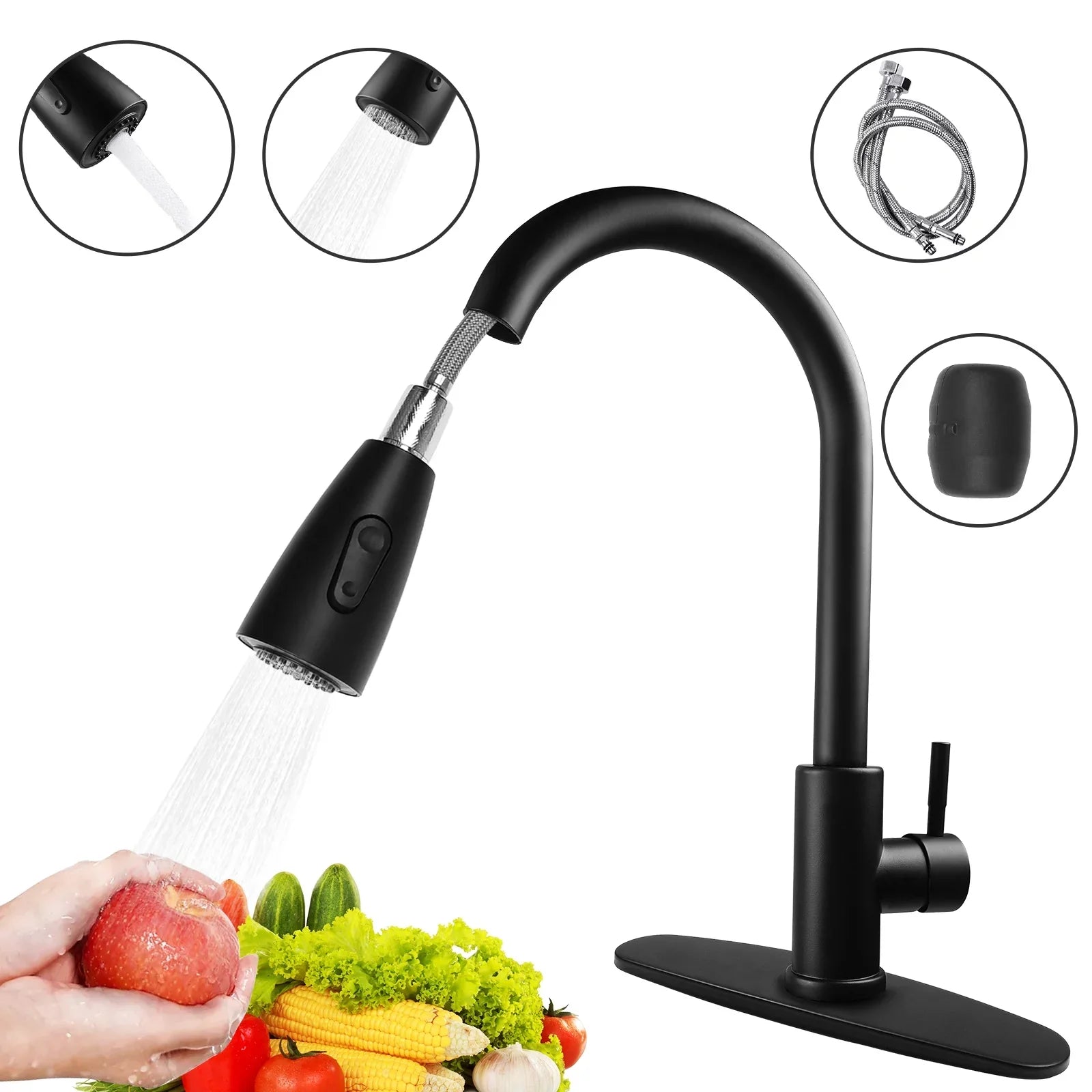Kitchen Faucet with Pull Down Sprayer, High Arc Single Handle Kitchen Sink Faucet with Deck Plate, Commercial Modern Stainless Steel Kitchen Faucets for Kitchen, , Bar, Silver