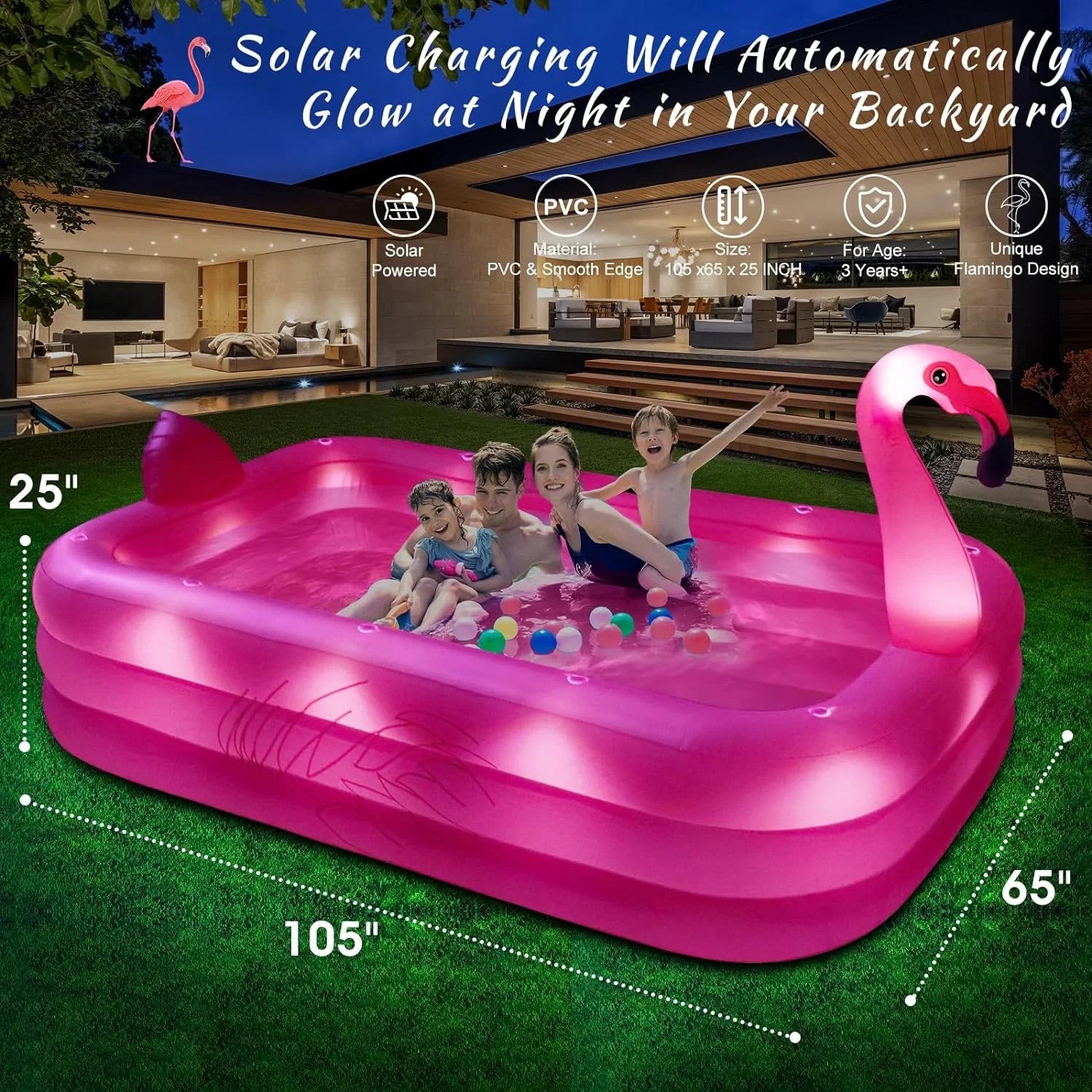 Inflatable Pool with Lights, 2024 Solar Flamingo Swimming Pool for Kids,Adults Inflatable Blow up Pool, Large Kiddie Pool, Durable Thickened 105"x65"x25" Inflatable Family Pool for Backyard,Outdoor