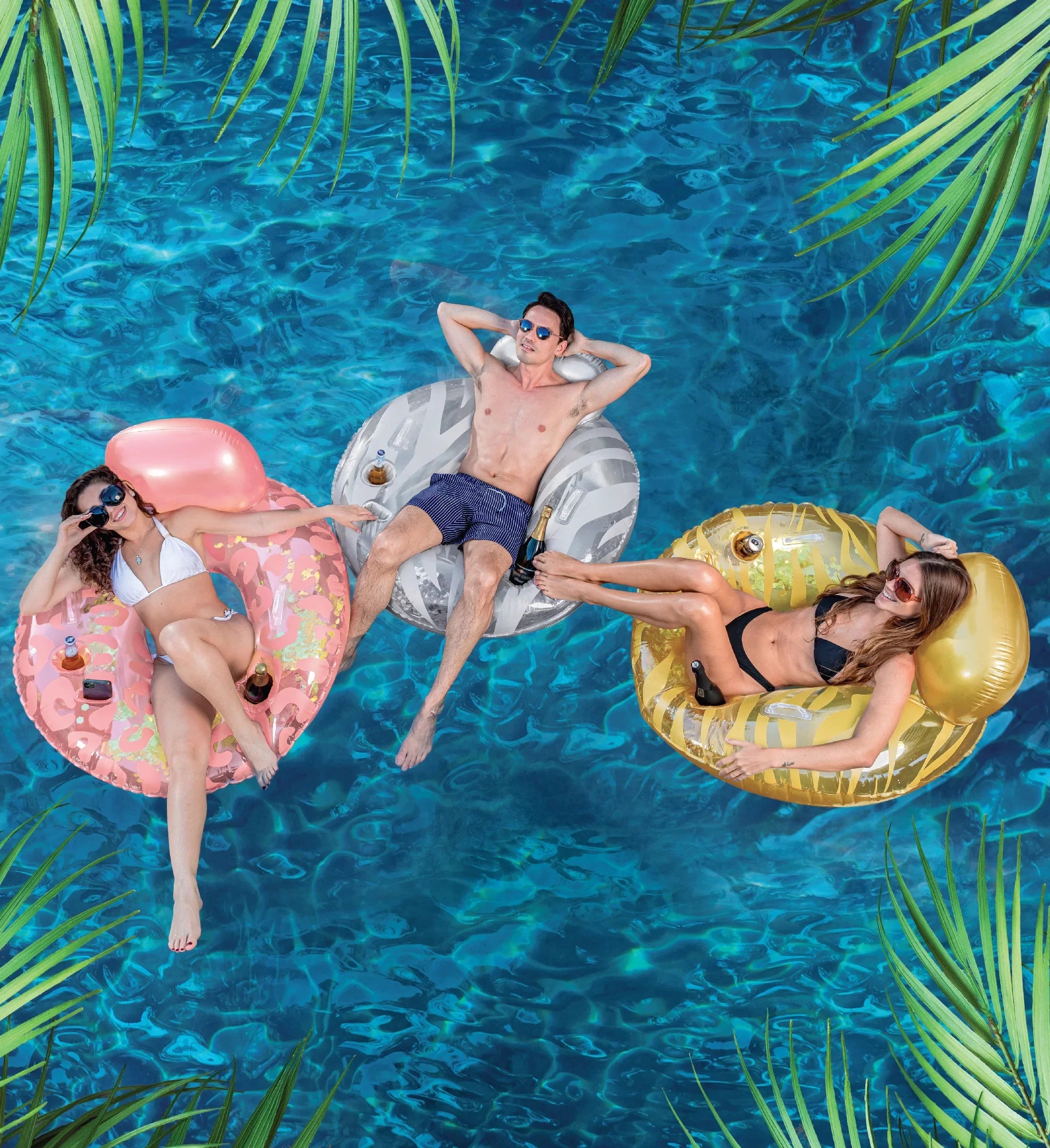 Inflatable Luxury Tubes with Back Rest - Rose Gold, Gold, Silver Sparkle Confetti Filled Luxurious Lounger, Thick Pool Float Tubes, Built in Phone and Cup Holder with Handles, 42 Inch, Pack of 3