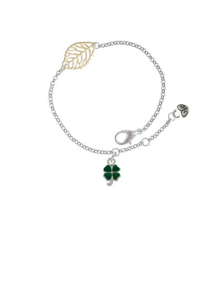 Delight Jewelry Silvertone Mini Green Four Leaf Clover with Heart Leaves - Goldtone Leaf Delicate Bracelet, 6.25+1.75"