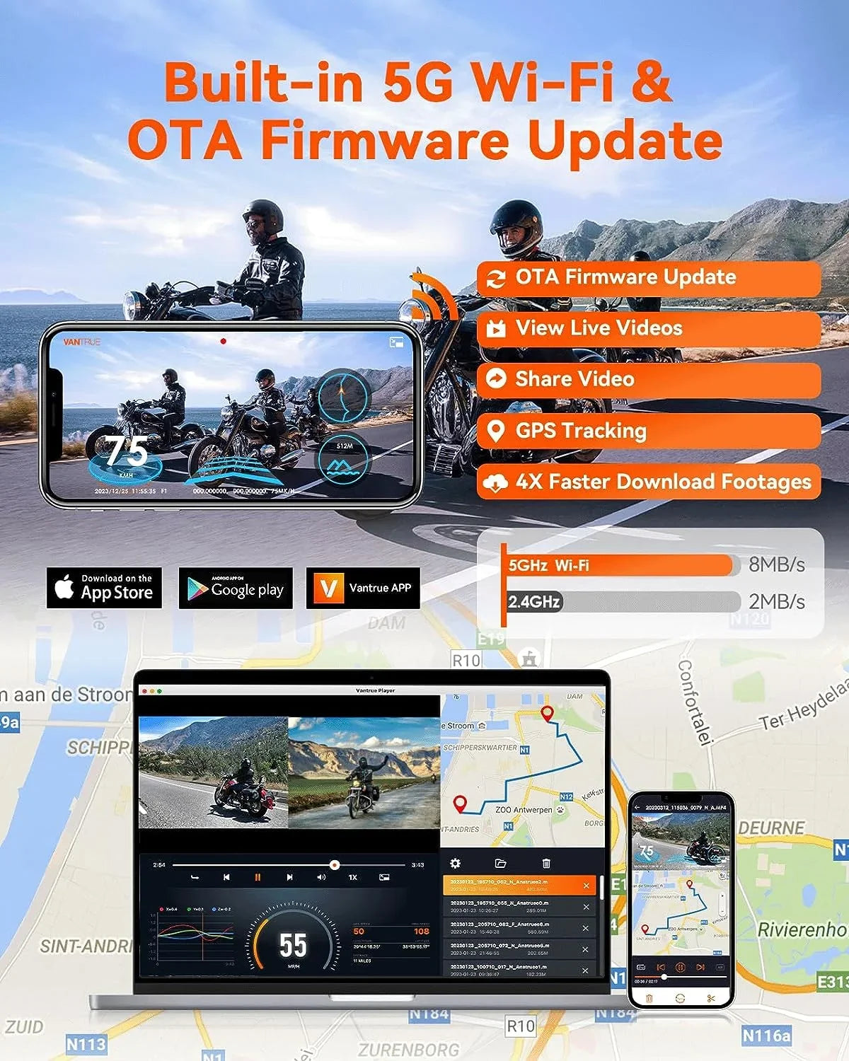 Vantrue  Motorcycle 4K Dashcam (4K + 1080P)  | WiFi | Parking Mode (No  Card)
