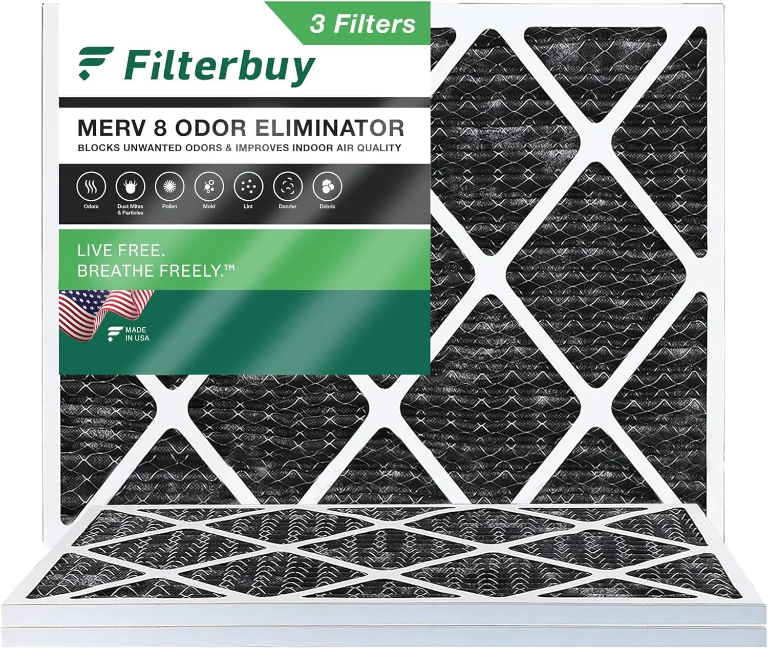 Filterbuy 16x20x1  8 Odor Eliminator Pleated   Furnace Air Filters with Activated Carbon (3-Pack)