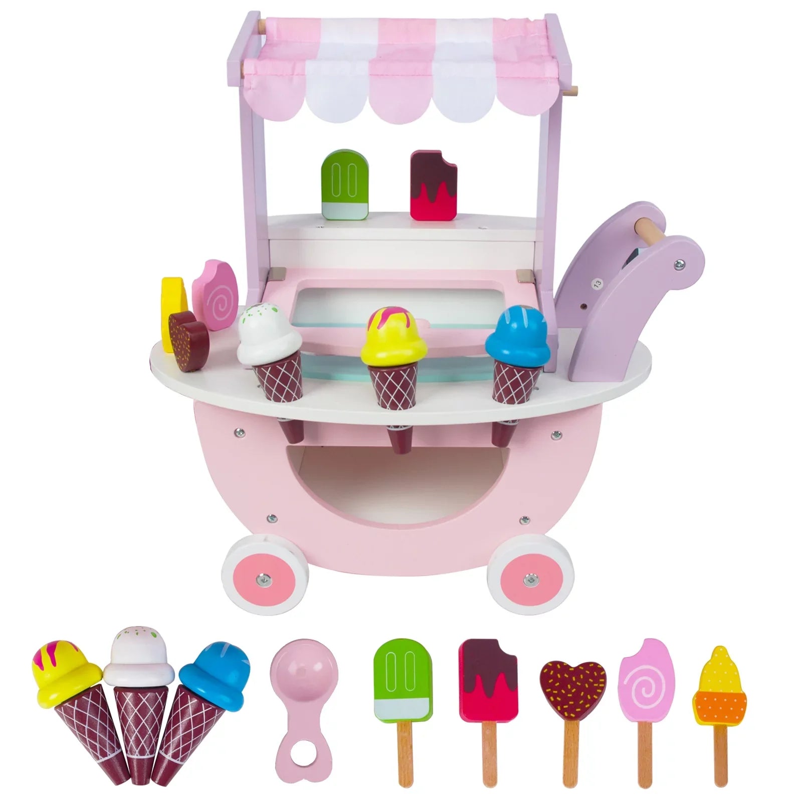 Woodenfun Ice Cream Shopping Cart for Toddlers 1-3, Kids Pretend Play Food Truck, Gift for Girls