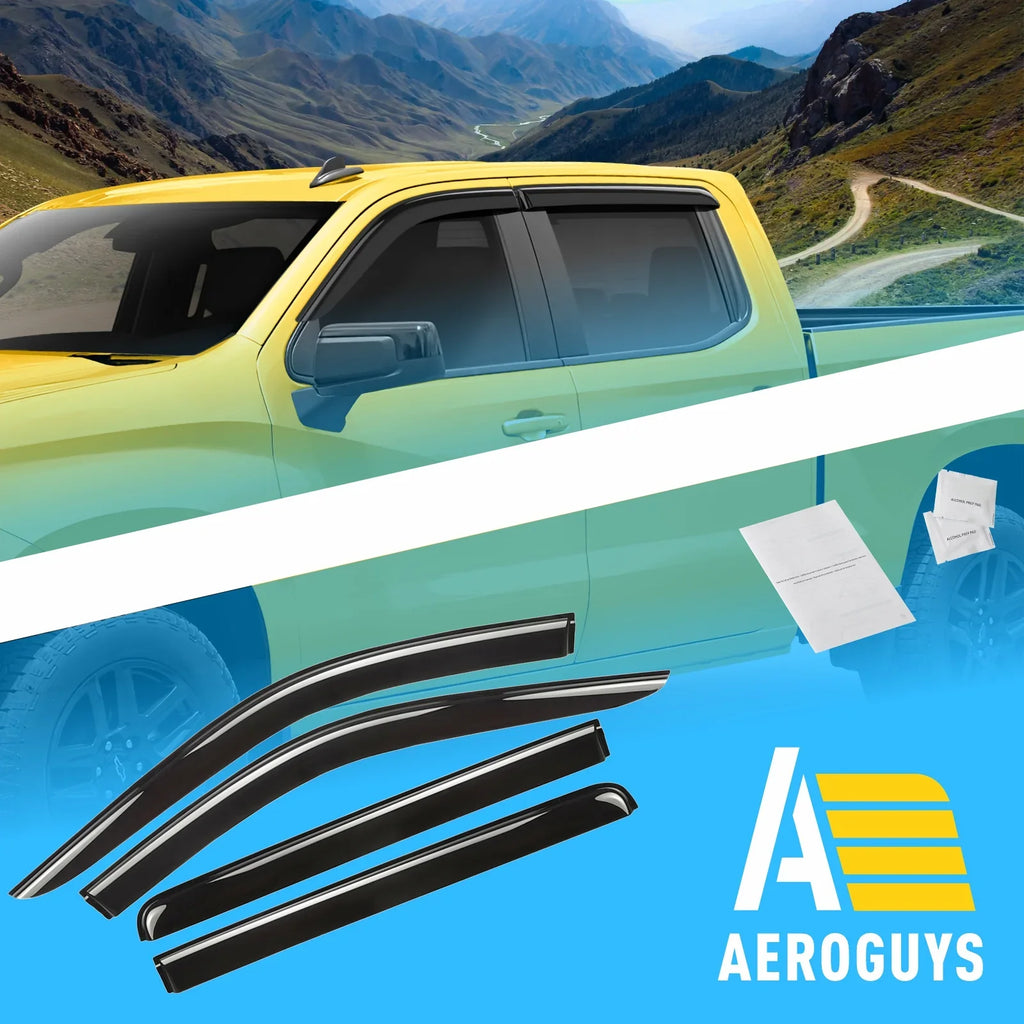 Tape-On Window Deflectors Extra Durable Window Visors Rain Guards Fit for Chevrolet (Chevy) Silverado 1500 2019-2024 Crew Cab, Sun Visors, Wind Vent Visors, Truck Accessories - 4pcs.