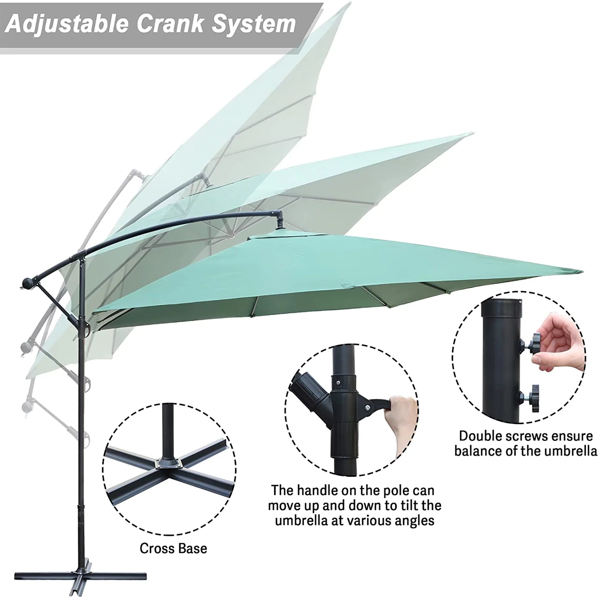 10  Patio Offset Umbrella Hanging Outdoor Umbrellas Easy Tilt Adjust Polyester for Backyard, Poolside, Lawn and Garden, Green
