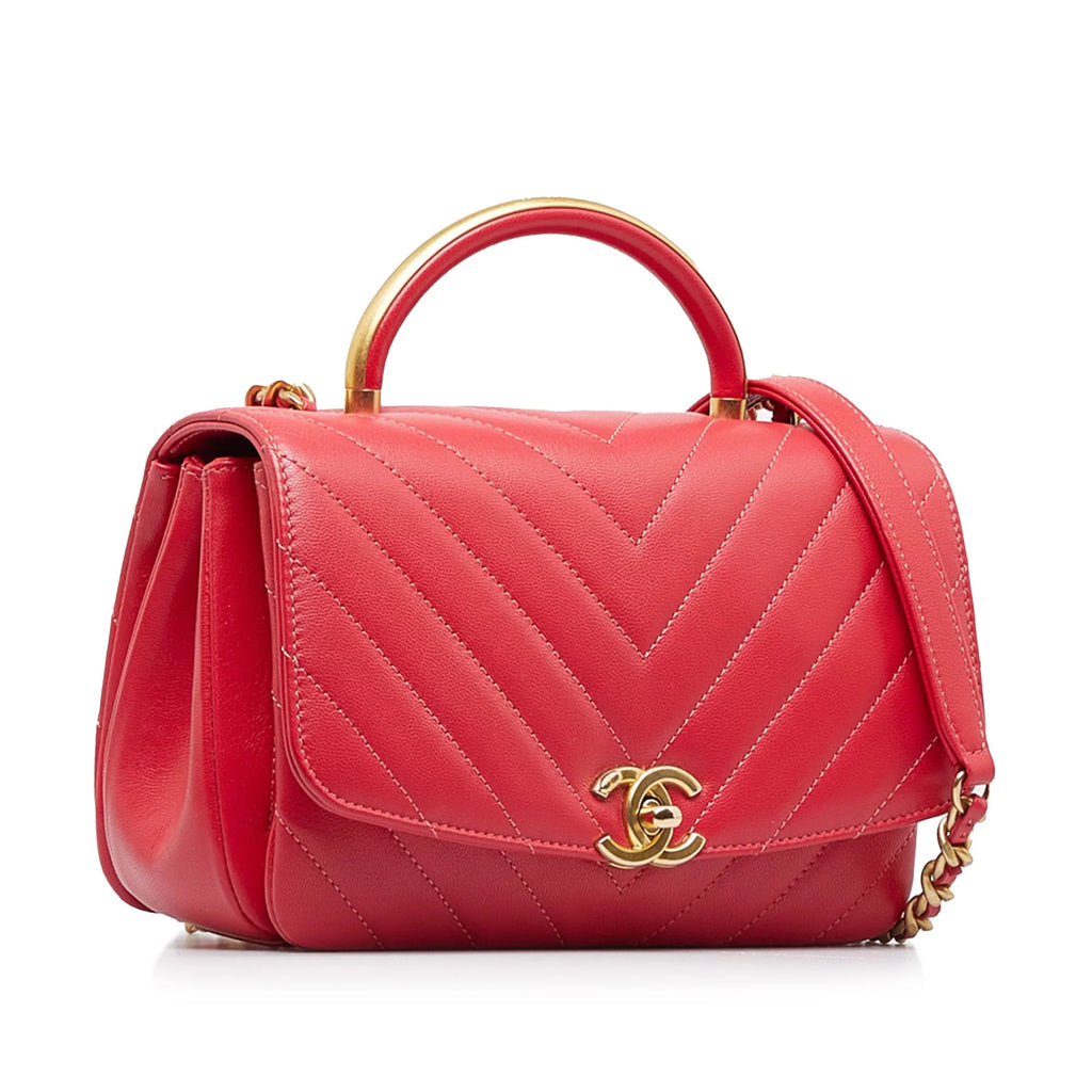 Pre-Owned Authenticated Chanel  Chevron Flap Satchel Lambskin Leather Red Unisex (Good)
