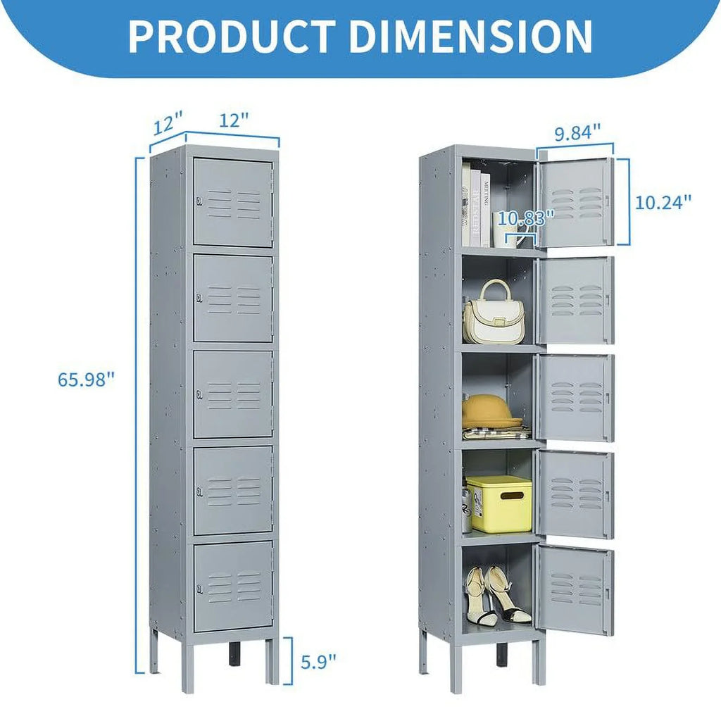 66" Metal Storage Cabinet Locker for School, Gym, Home Office, Steel Locker Cabinet With 5 Doors for Employees, Students