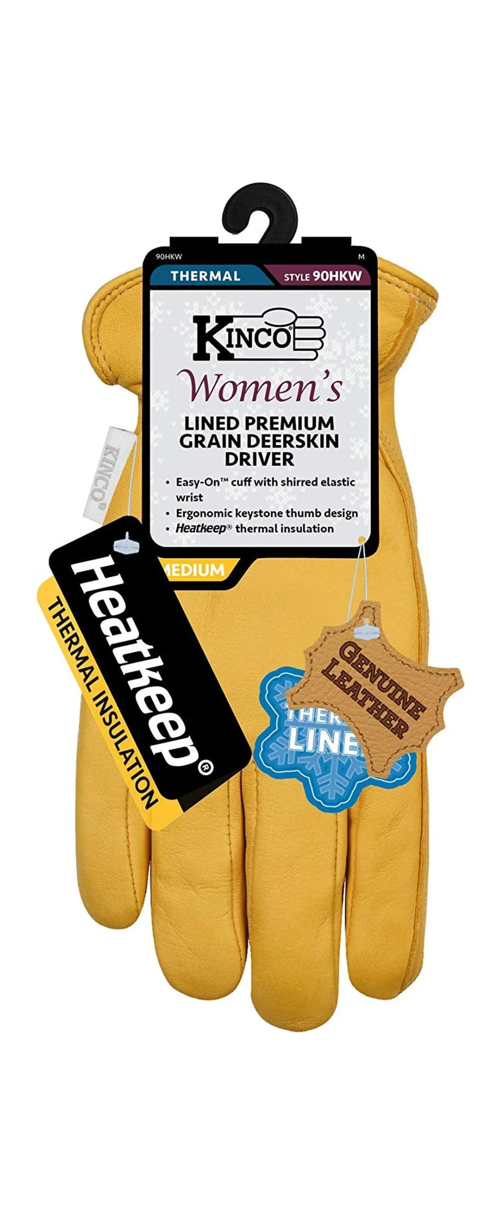 Kinco 90HKW- Women's Lined Grain Deerskin Gloves, Heat Keep Lining, Double Shirred Elastic Back, Small, Golden