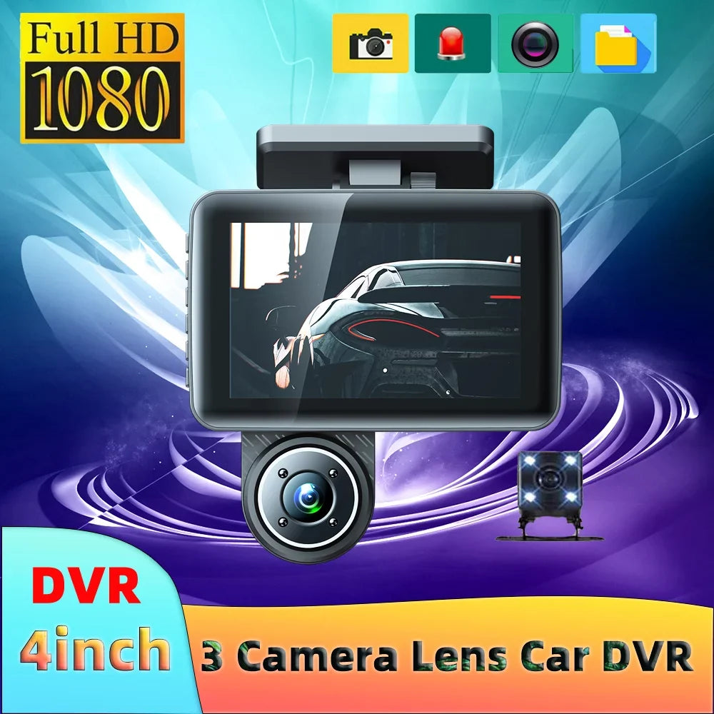 Htovila 3 Cameras Dash Cam 4in Clear Car Rearview Mirror Car Video Recording Wide Angle Car Recorder Auto Safety Driving Recorder