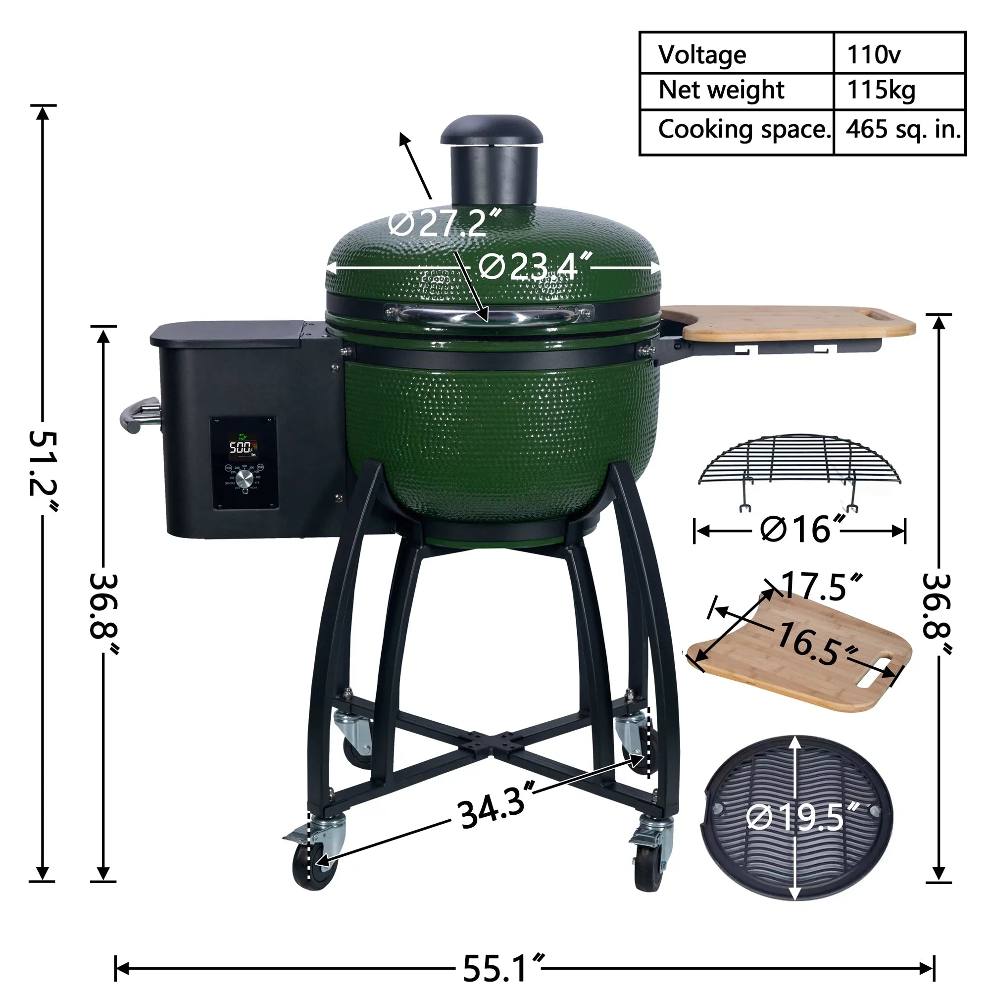 24 "Ceramic Pellet Grill with 19.6" diameter Gridiron Double Ceramic Liner 4-in-1 Smoked Roasted  Pan-roasted for Outdoors Patio