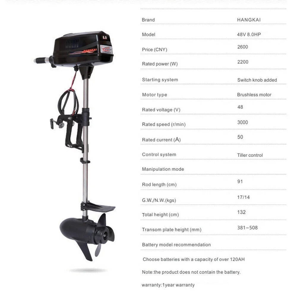 TOOL1SHOoo 48V Electric Outboard Engine with 8 Horsepower and 2200W for Aquaculture Fishing Outdoor Adventure