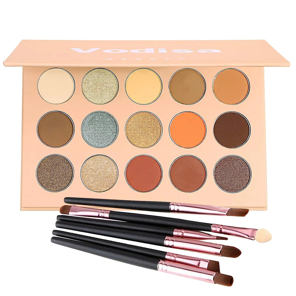 Vodisa Colorful Eyeshadow Palette Matte Shimmer High Pigmented Eyeshadow Pallet 15 Colors Professional Makeup Nudes Warm Natural Long Lasting Waterproof Eye Shadow with Make Up Brushes Set (