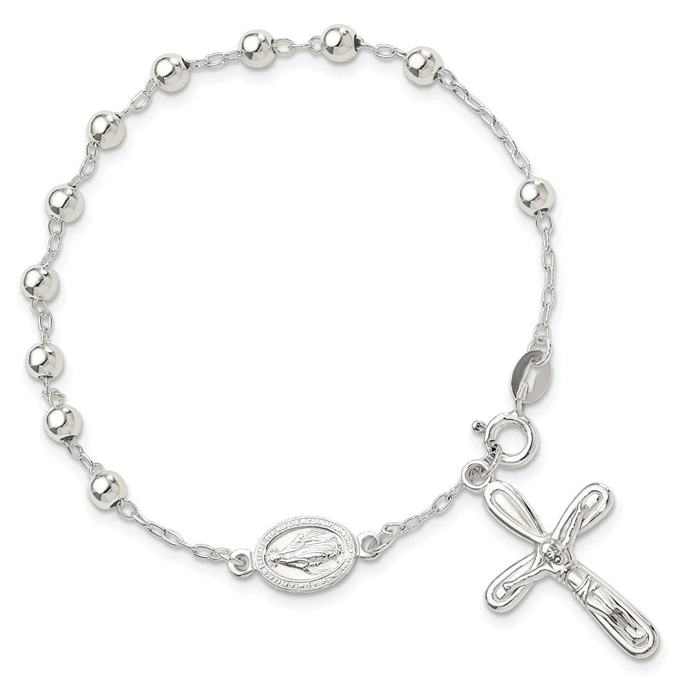 Auriga Fine Jewelry 925 Sterling Silver Beaded Single Decade Rosary Bracelet 7.5inch for Women