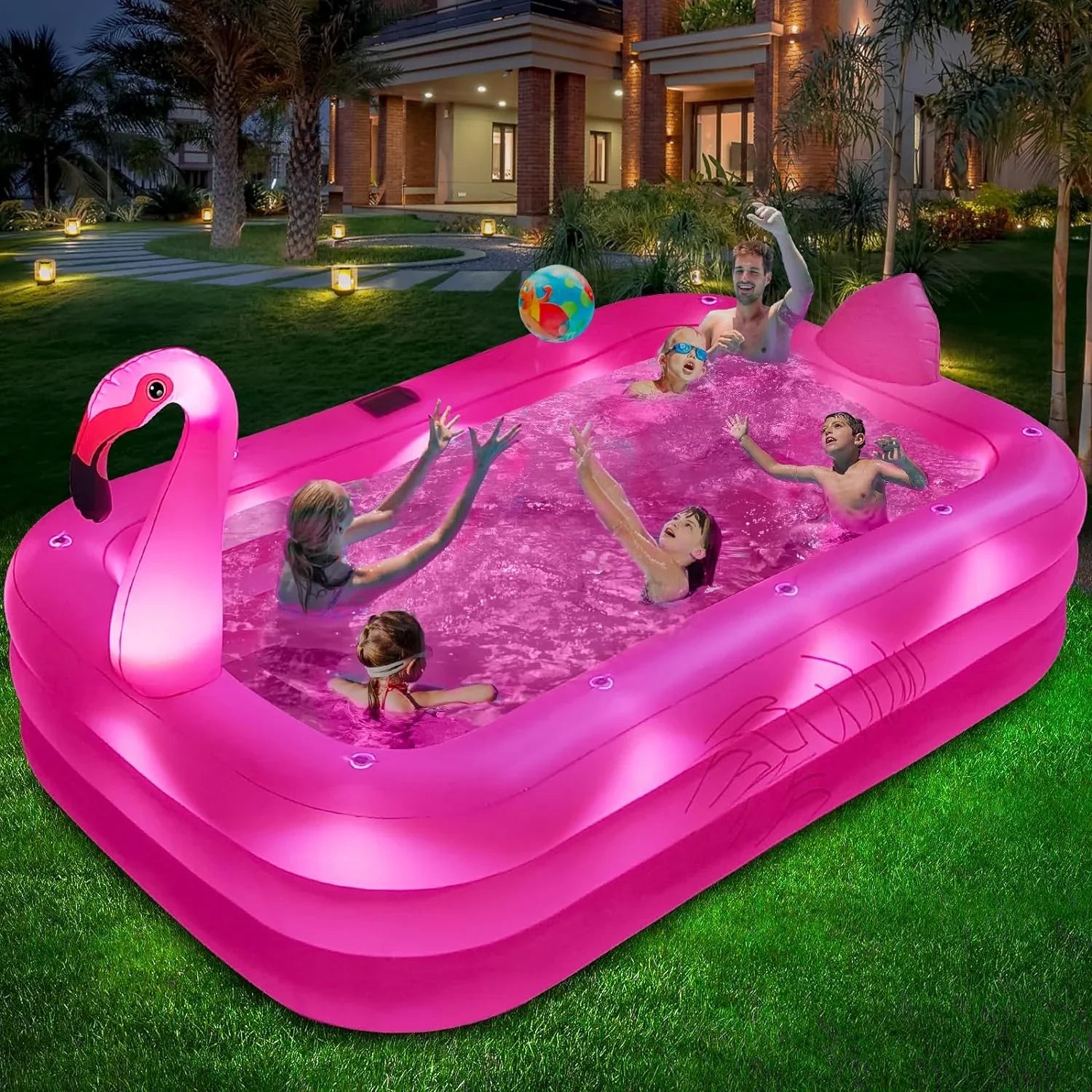 Inflatable Pool with Lights, 2024 Solar Flamingo Swimming Pool for Kids,Adults Inflatable Blow up Pool, Large Kiddie Pool, Durable Thickened 105"x65"x25" Inflatable Family Pool for Backyard,Outdoor