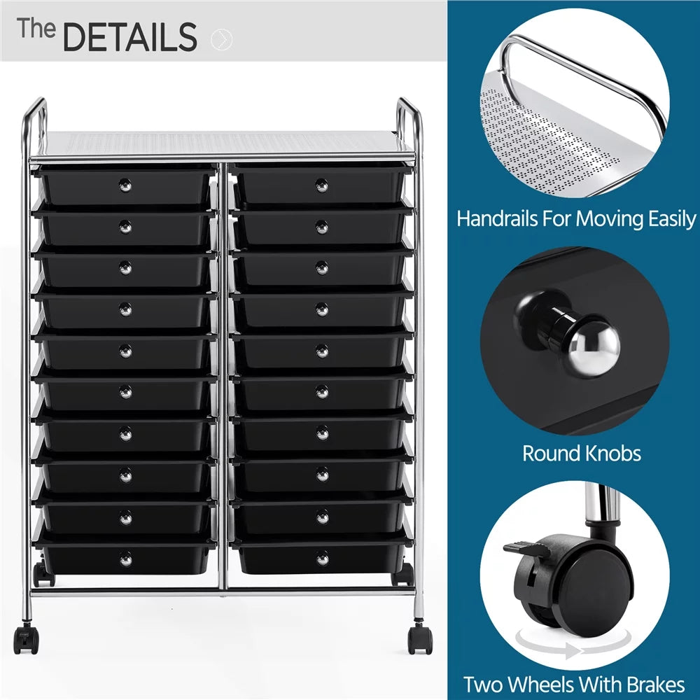 Topeakmart 20 Drawers Rolling Storage Cart Bin Organizer on Wheels Scrapbook Paper Office School Organizer, Black