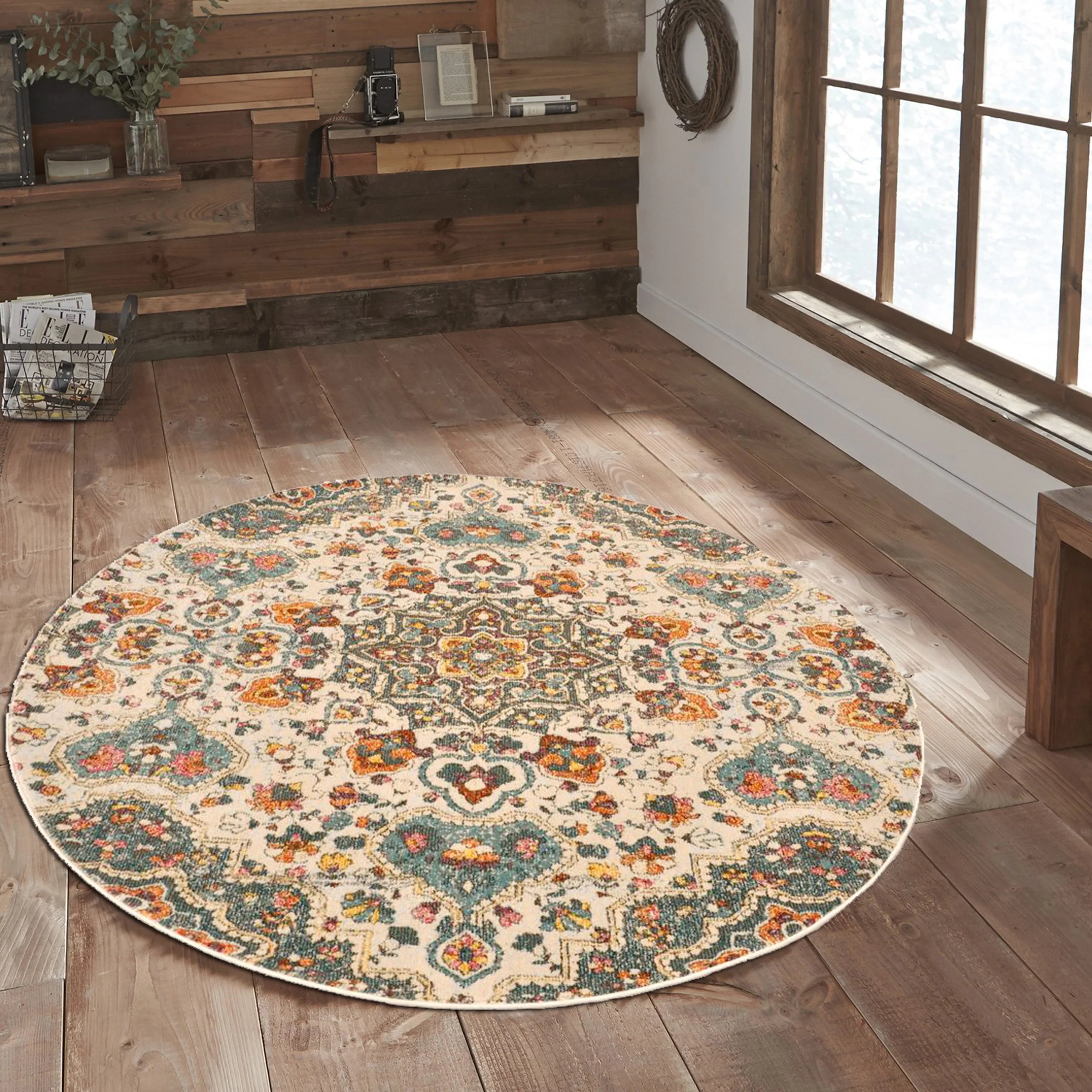 Blossom Echo Vintage Door Mat 2 ft. by 3 ft. 5' x 5' 5' Round Indoor Living Room, Bedroom, Dining Room
