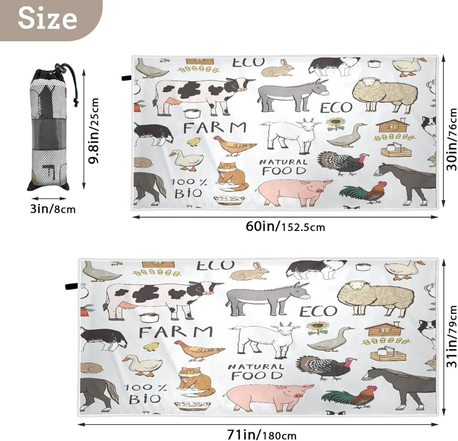 Bestwell Cool Farm Animals Beach Towel Oversized Towel Blanket, Thin Lightweight Microfiber Sand Free Quick Dry Towel, 31”” Multipurpose Pool Bath Yoga Swim Shower Towel